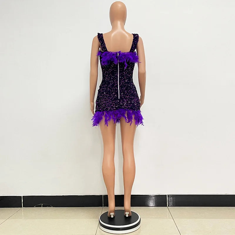 Damen Partykleid Ärmellos Glänzende Pailletten Feder Abendkleid Sexy schulterfrei rückenfrei Mini Formelle Ballkleider HXY8