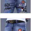 Fashion Printed Jeans Men's Korean Brand Embroidery Badge Pattern Youth Ripped Small Feet Teenagers Cowboy Pencil Pants