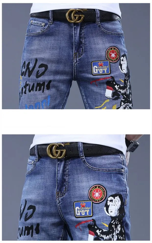 Fashion Printed Jeans Men's Korean Brand Embroidery Badge Pattern Youth Ripped Small Feet Teenagers Cowboy Pencil Pants
