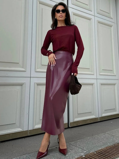 Trendix Damen Eleganter Burgunderroter Rock Hoher Bund Schmal Modisch Schlitz Langer Rock Weiblich Party Schmal Club Sexy Vintage PU-Rock 2024