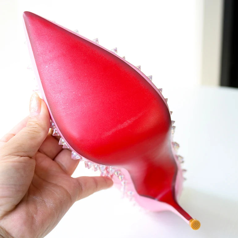 Pink studded high heels, fashionable, ultra shallow mouth, pointed toe, thin heel, hate sky, high punk style, 12CM
