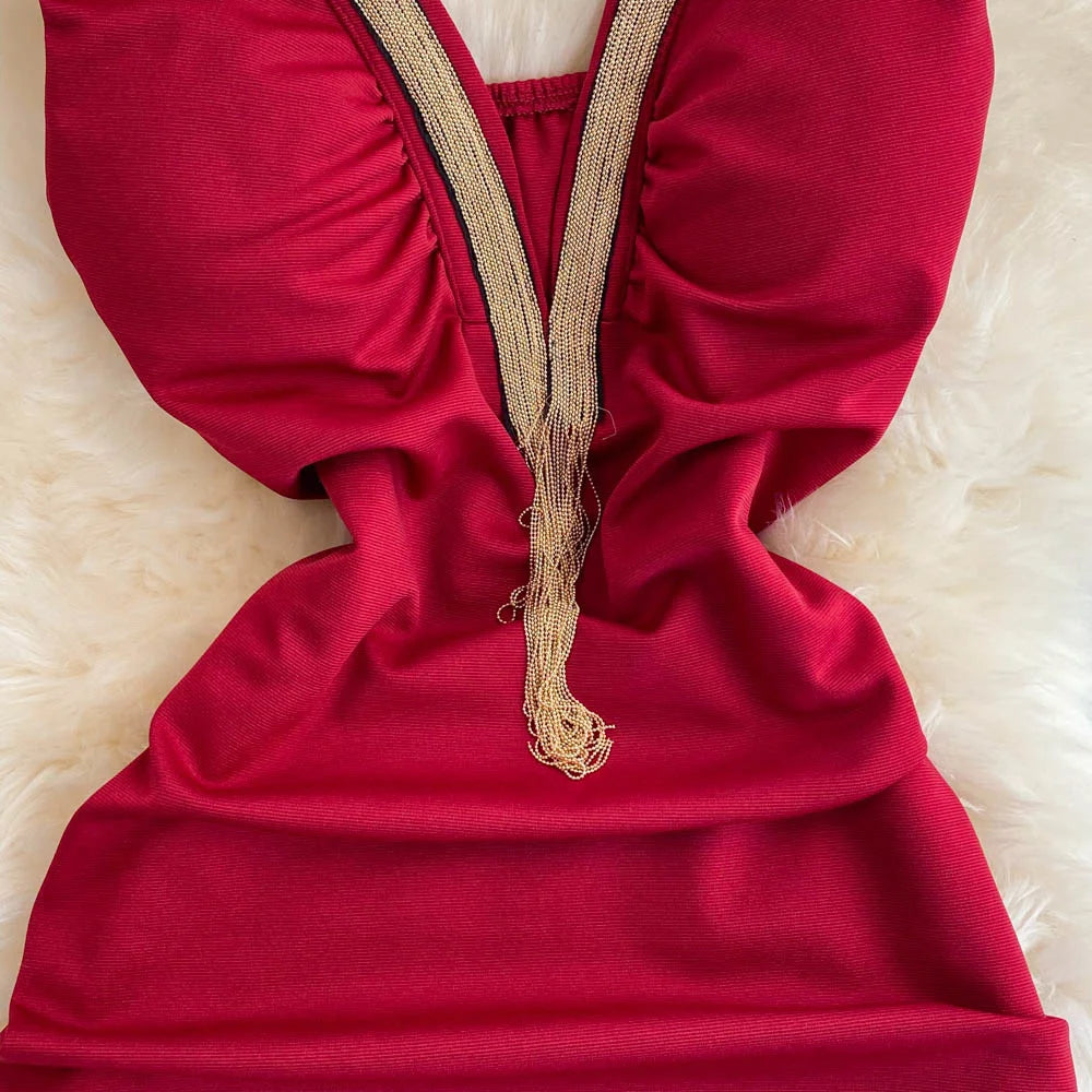 Fashion Bodycon Sexy V-neck Low Cut Mini Short Work Dress Women Backless Irregular Sleeveless Short Hip Wrap Vest Dress OL Red