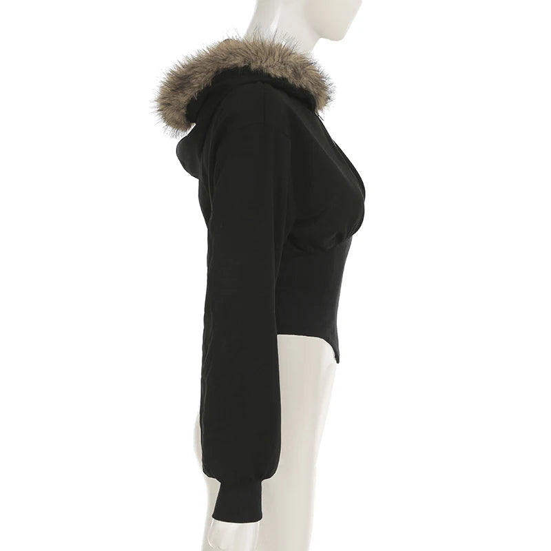 BIIKPIIK Pelzkragen Kapuzenmäntel für Damen Lässiger Reißverschluss Slim Hoodies Einfache All-match Schwarz Harajuku Mantel Herbst Winter Sweatshirts