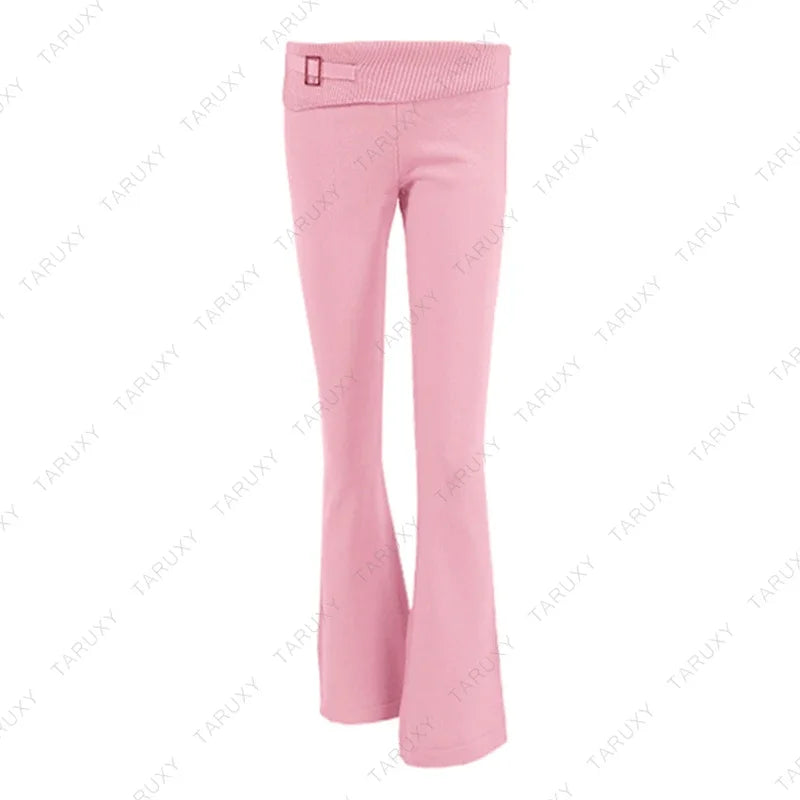 TARUXY Women Spring Outfits Casual Zipper Sweater Hoodie Set High Waist Flare Pants Suits Pink Knitted Womens Y2k Two Piece Set