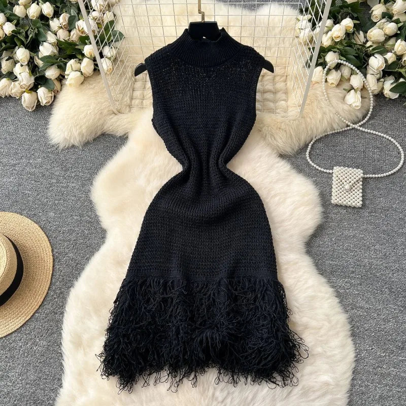 Joskaa 2025 Summer Women Elegant Round Neck Sleeveless Tassels Hem Bodycon Mini Knitted Dress Holiday Beach Party Clubwear