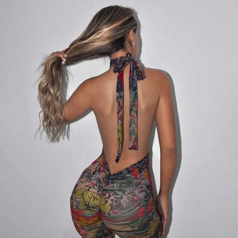 Blumendruck Sommer Caprihosen Jumpsuits Damen Sexy Ärmellose Schnürung Neckholder Rückenfrei Geraffte Peach Hips Slim Rompers