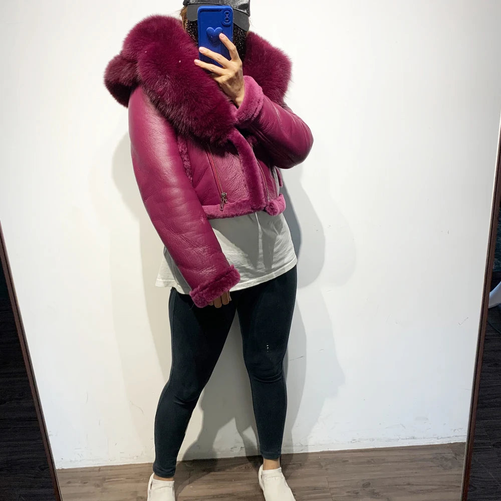 21-25Shearling Jacket women's shearling Cloth With Big Fur Collar and Hooded