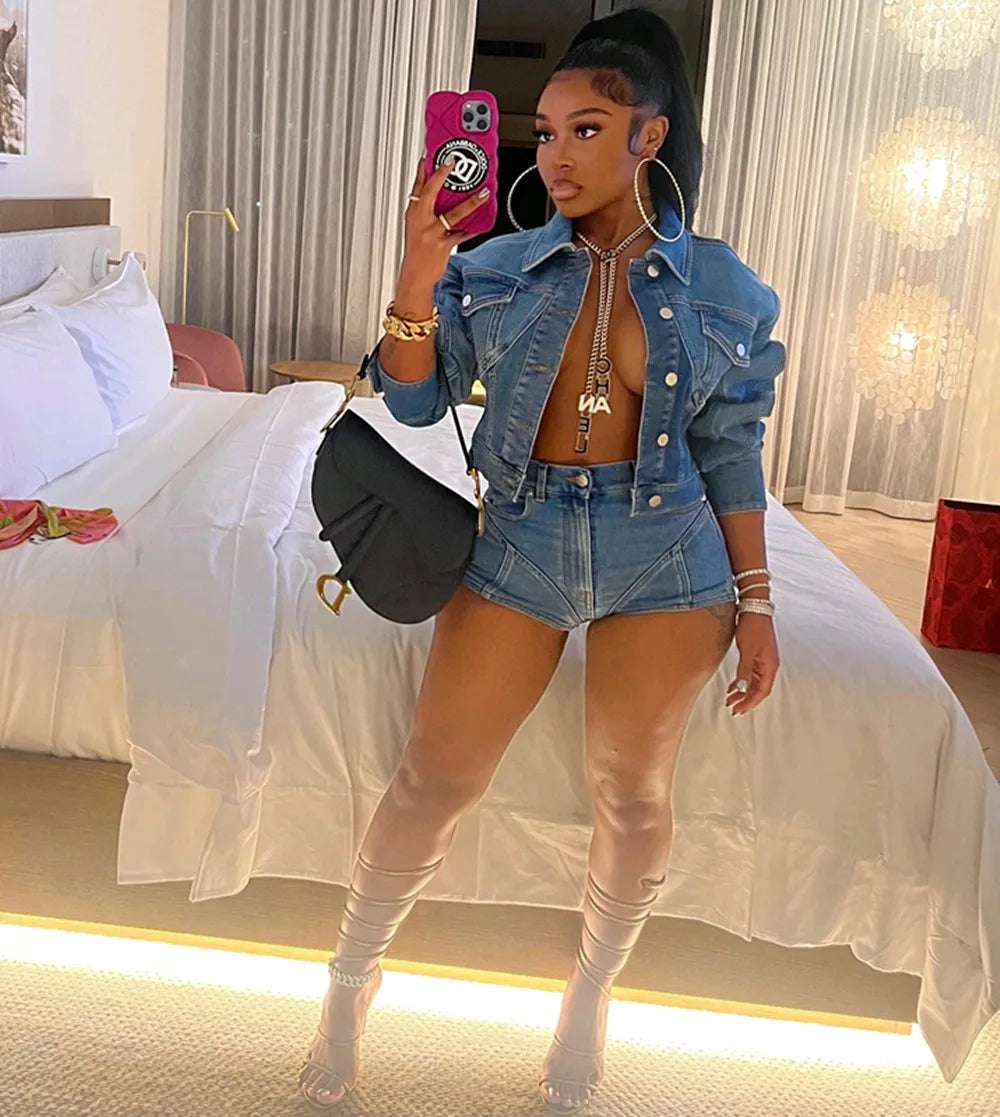 Autumn Outfits for Women 2024 Denim Jacket Shorts Two Piece Sets Streetwear Diamonds Distressed Short Pants Buttons Coat Suit