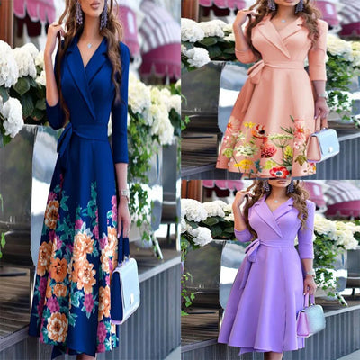 New Womens Dress Clothing Printing Suit Collar Tie Dress