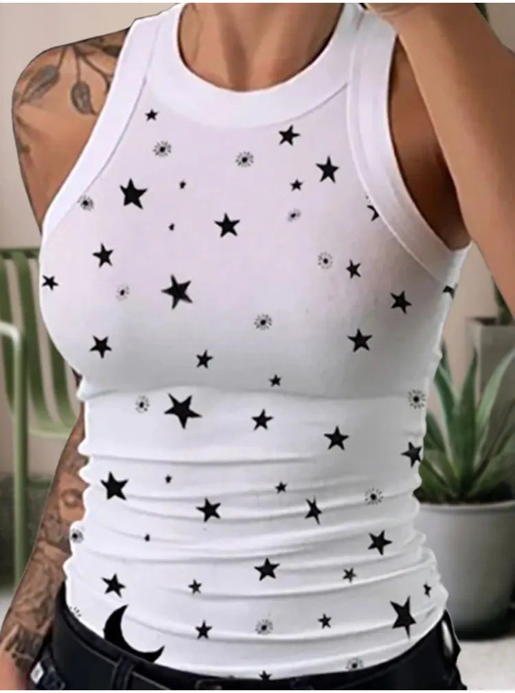 Summer Basic Elastic Tank Top Digital Printing T-shirt Women's O Neck Racerback Sexy Tank Top Stripe Print Sleeveless Tank Top