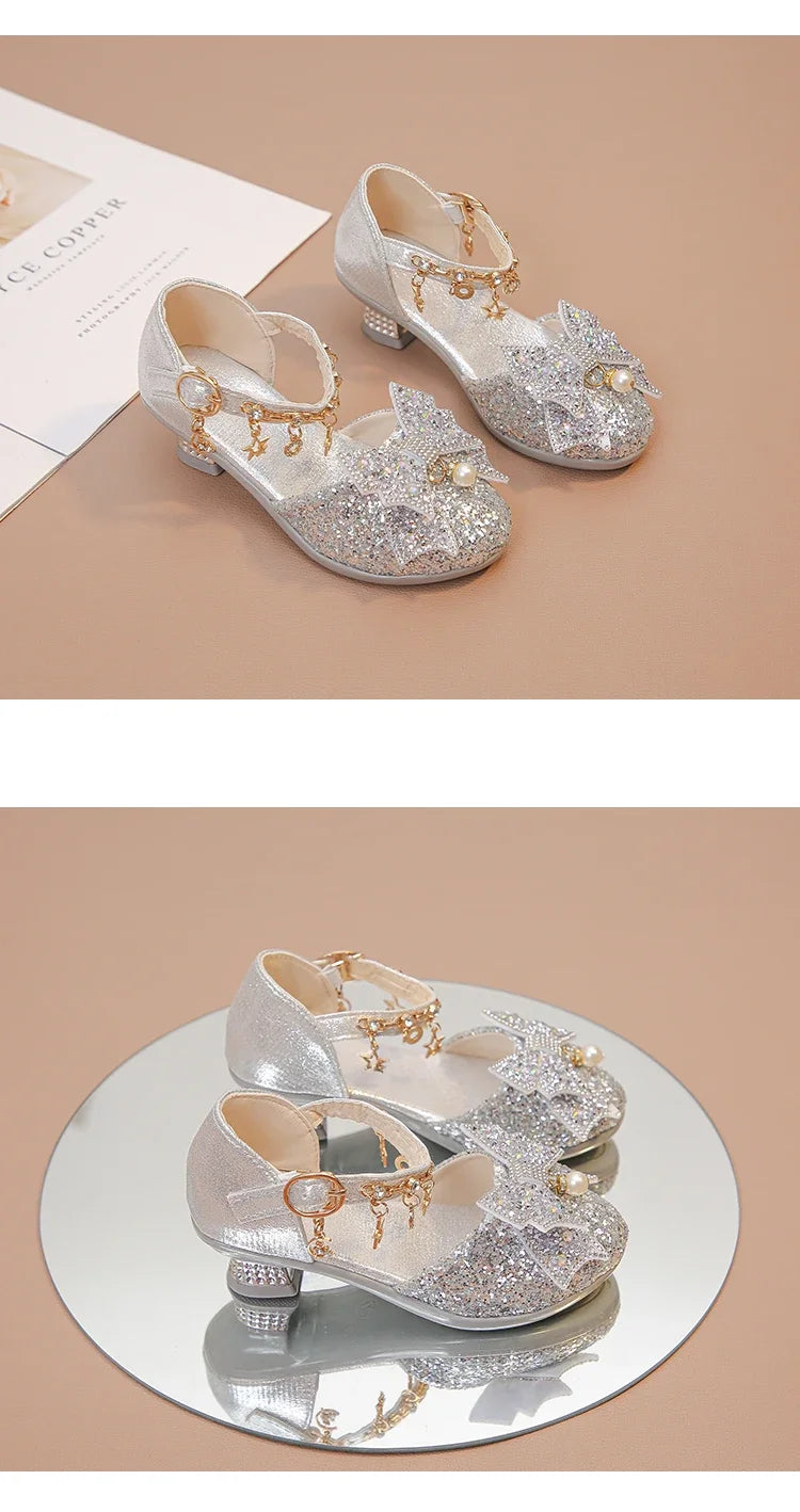 Girls Leather Shoes High Heeled for Wedding Party Glitter Rhinestone with Bow-knot Kids Dress High Heels Pendant Bling Sparkling