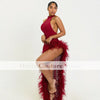 Sexy Slit African Evening Party Birthday Gowns Halter Neck Prom Dresses With Feathers Vestido De Festa Customized