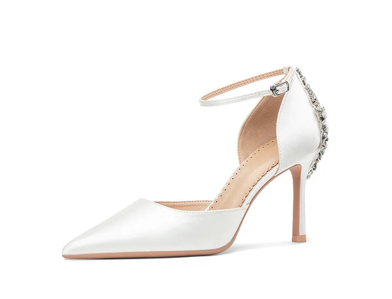 Baotou Hohle High Heels Damen Sandalen Spitz Dünne Ferse Ein-Wort-Schnalle Strass Hochzeitsschuhe Brautschuhe