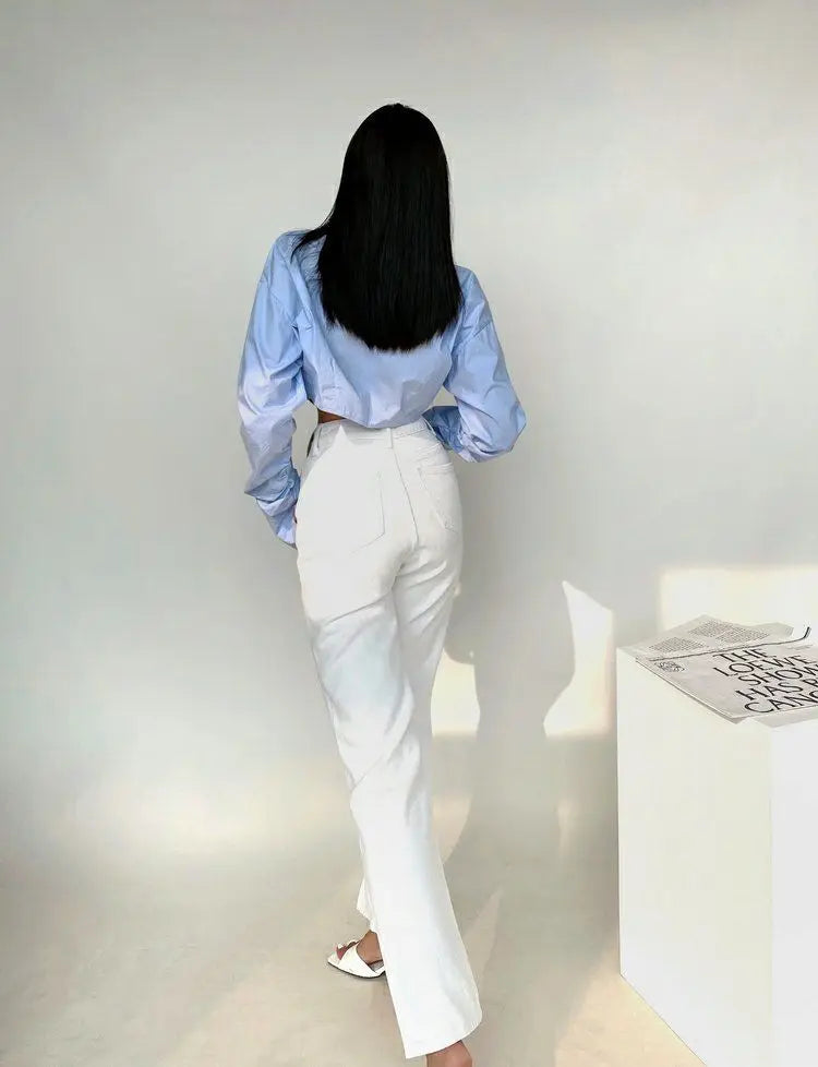 Zadily 2025 Summer Korean Style Long Sleeve White Shirt Women Sexy Button Ladies Crop Tops Blouse Street New In Female Clothing