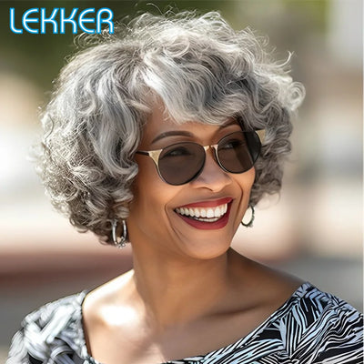 Lekker Kurze, silbergraue, lockige Bob-Perücken aus 100 % Echthaar für Damen, brasilianisches Remy-Haar, Salz-und-Pfeffer-Perücken, komplett maschinell gefertigt