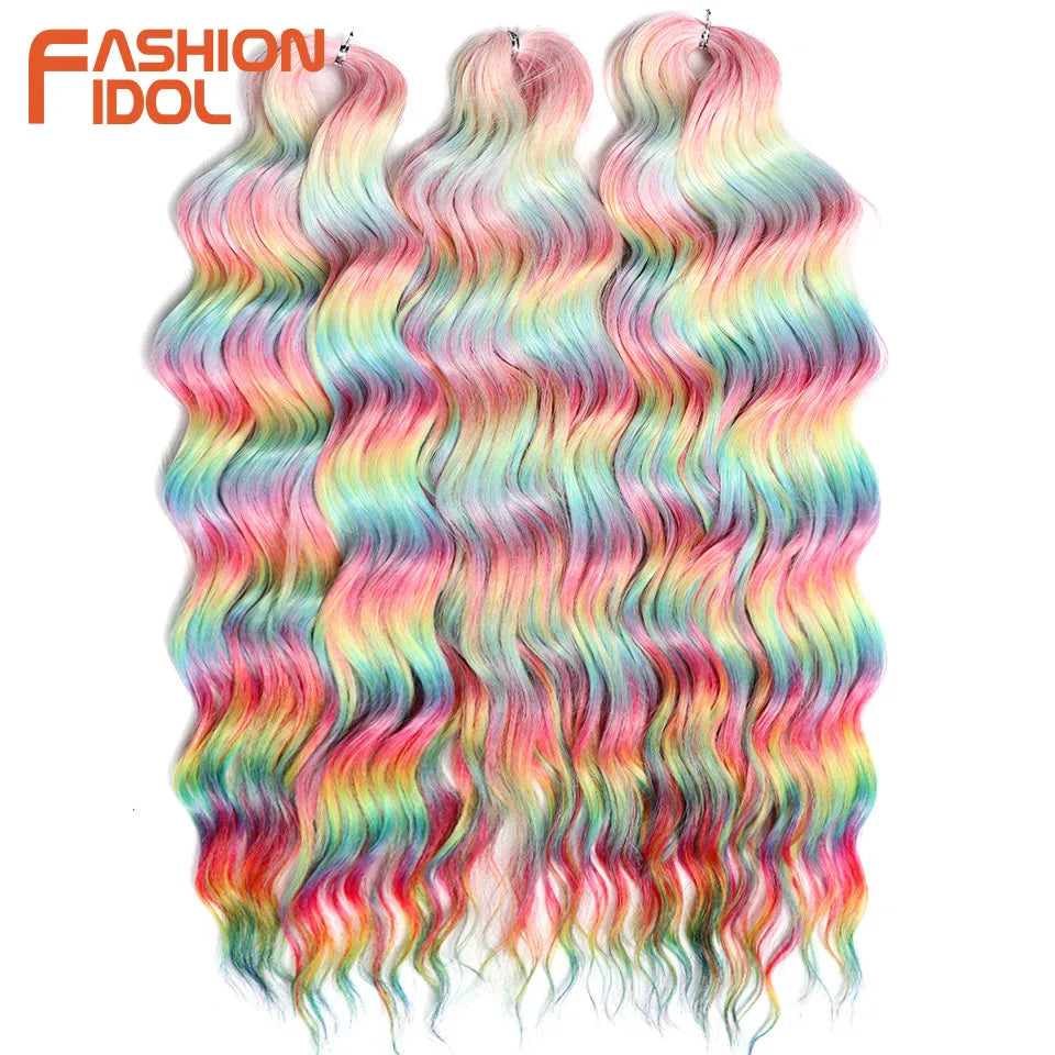 FASHION IDOL 24-Zoll Häkelhaar Synthetische Wasserwelle Flechthaarverlängerungen Ombré Regenbogenfarbe Kunsthaar Deep Wave Lockenhaar