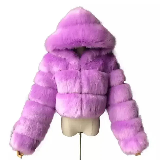 Women Warm Faux Fur Coat Winter Vintage Gradient Jacket Furry Outerwear Jackets Hooded Coats Plus Size Autumn Winter Streetwear