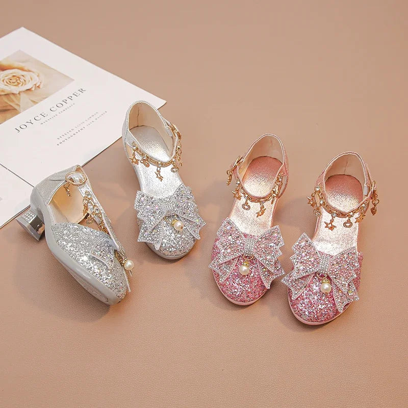 Girls Leather Shoes High Heeled for Wedding Party Glitter Rhinestone with Bow-knot Kids Dress High Heels Pendant Bling Sparkling