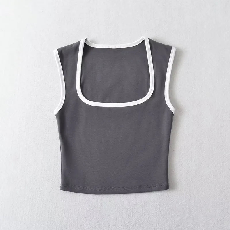 Woman Fashion Slim Solid Contrust Camis Casual Sleeveless Tanks Square Collar Crop Tops Clothing Streetwear Mujer 2024 Y2k