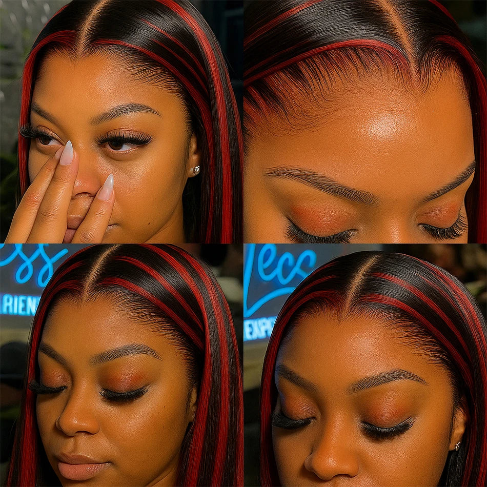 200% Upgraded 1B/99J Black With Red Bone Straight 5x5 Highlight Wig Human Hair Brazilian Burgundy Colored Glueless Wig For Women