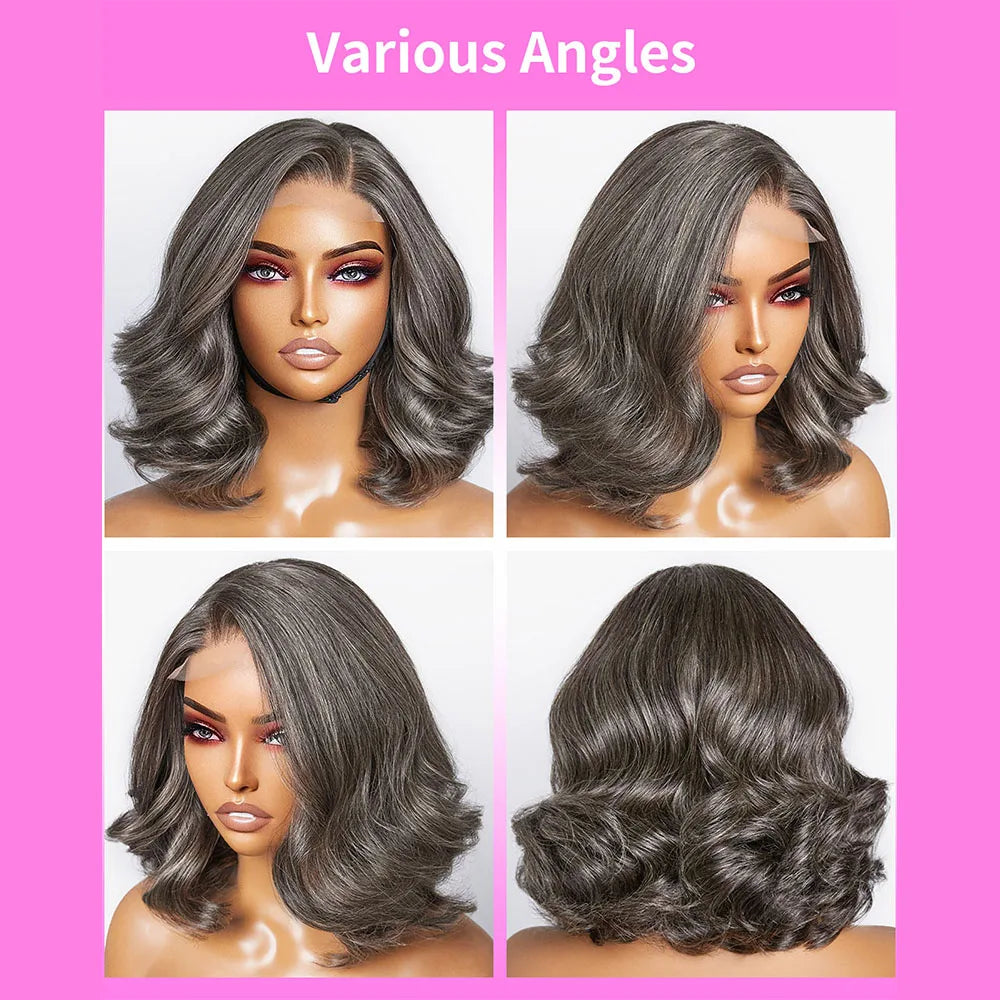 Salz-und-Pfeffer Loose Wave Lace Front Bob Perücke Echthaar Seitenscheitel 5x5 HD Verschluss Lace Perücke Ready To für schwarze Frauen