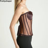 Women Mesh Corset Bustier With Cups Overbust Tight Shaping Tops Strapless Transparent Bodice Slimm Waist Wedding Lace Up Boned
