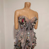 Sparkly Gold Rhinestone Sequins Sexy Strapless Mesh See Through Mini Dress Women Eveing Birthday Party Nightclub Stage Costume