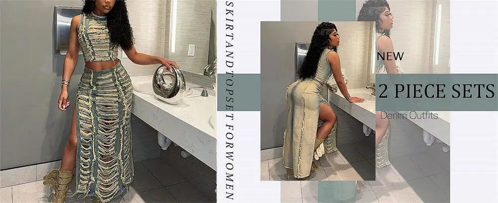 FAGADOER Fashion Streetwear Women Denim Hole Hollow Sleeveless Crop Top And Side Slit Skirts Two Piece Sets Sexy Cowboy Outfits