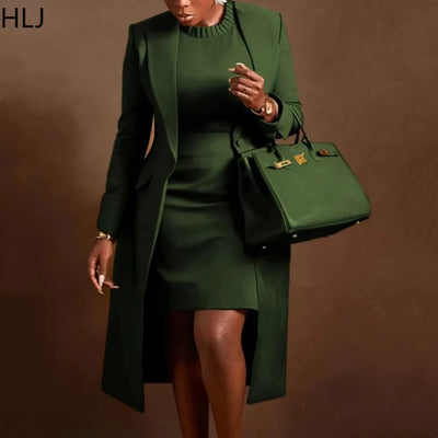 HLJ Hochwertiger, eleganter Blazer für Damen, zweiteiliges Set, Damenrevers, langärmeliger Mantel und schmales Kleid-Outfit, Damenbekleidung