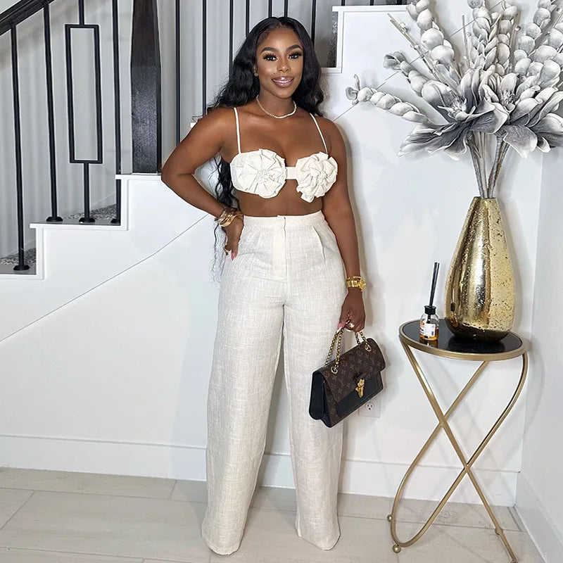 Pants Sets Women Sexy Camisole Top Straight Trousers 2 Piece Suit 3d Flower Backless Spaghetti Strap Tops Summer Outfits 2026