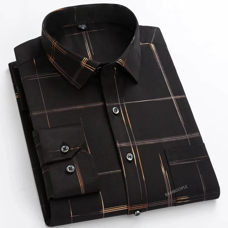 Men's Print Shirt Autumn Spring Long Sleeve Thin Non Iron Fashion Business Causal Social Anti-wrinkle Plaid Slim Fit Chemise Hom