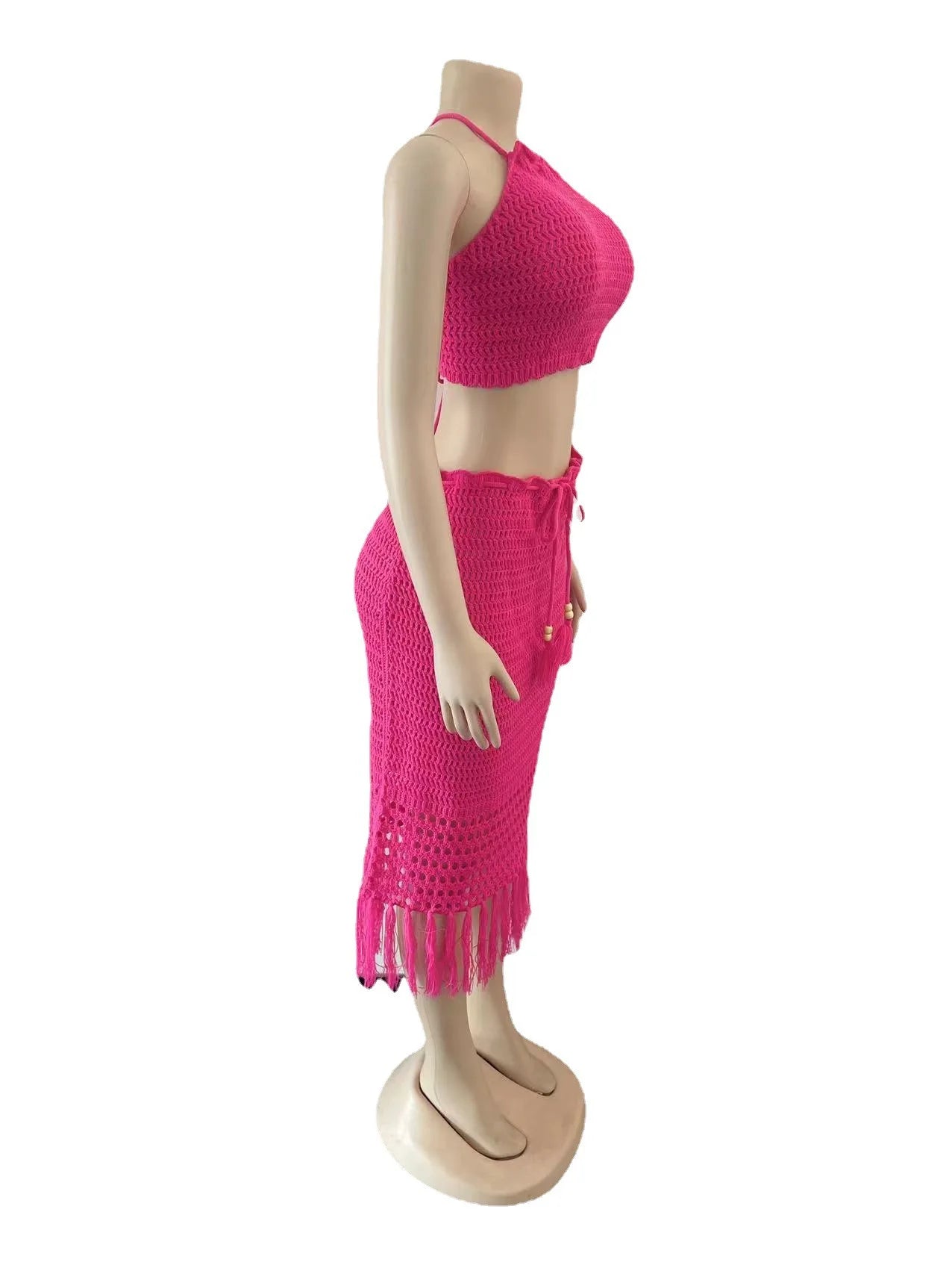 CM.YAYA Beach Knit See Though Women Two 2 Piece Set Outfits Halter Neck Crop Top and Tassel Midi Skirt Suit 2023 New Dress Set