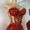 Sparkly Red Diamonds Asymmetrical Two Pieces Dress Design 2025 Women Sexy Strapless Top Skirt Suits Dance Performance Outfit