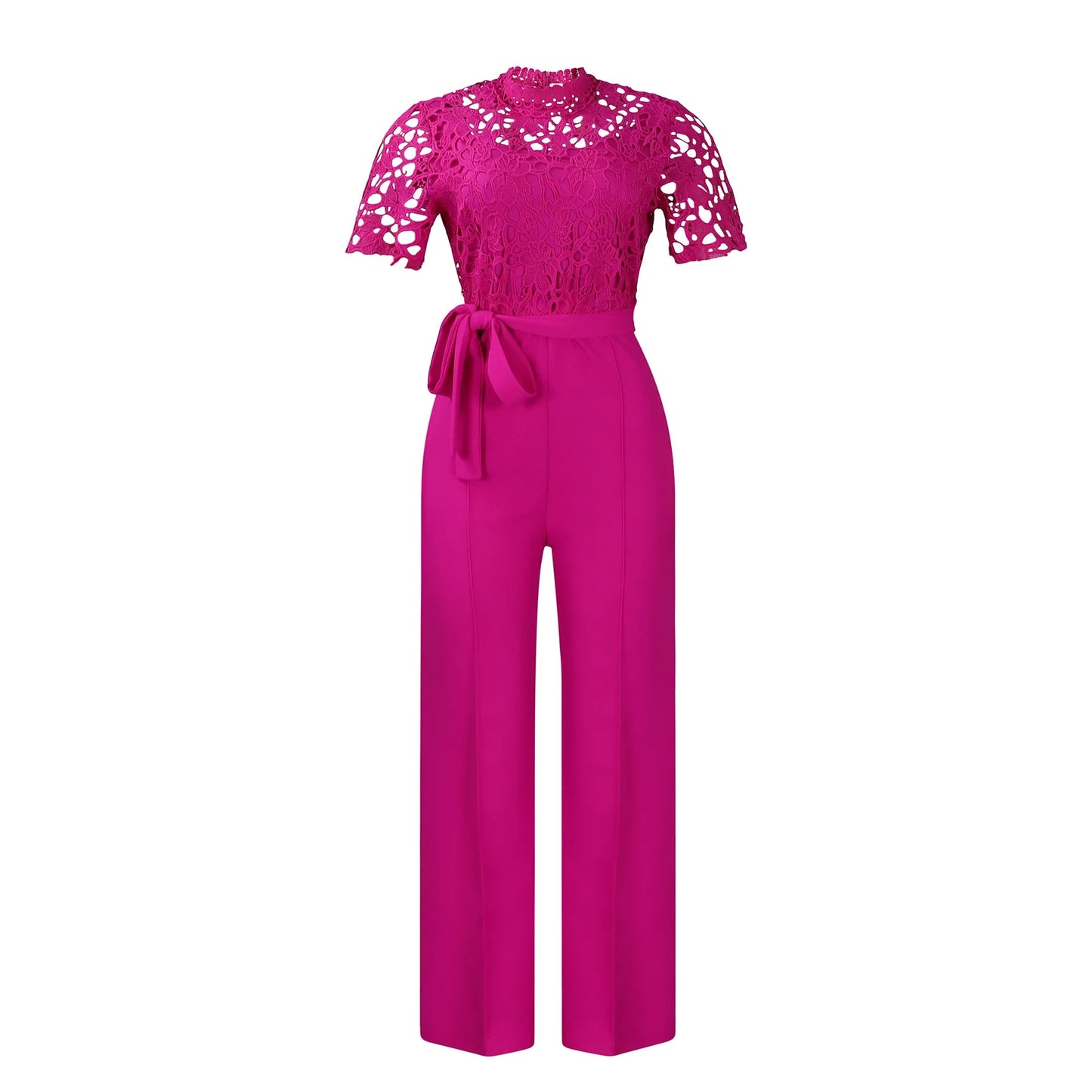 Elegante Jumpsuits & Rompers für Damen Rundhals Spitze Patchwork Kurzarm Gürtel Hohe Taille Luxus Geburtstagsparty Abend Outfit