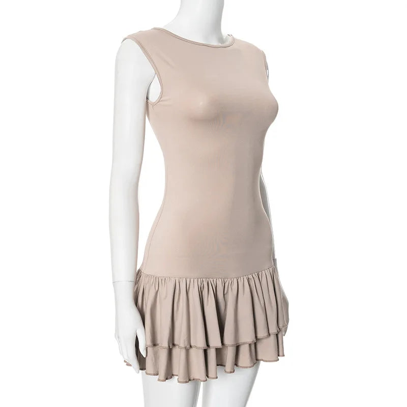 Women's Solid Pleated Short Dress Sleeveless O-neck Fashion Elegant Simple Mini Bodycon Dresses Slim Street Casual Party Holiday