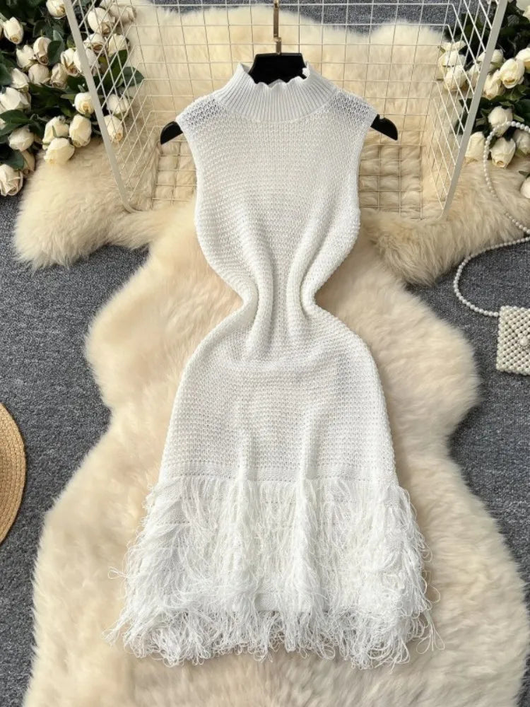 Joskaa 2025 Summer Women Elegant Round Neck Sleeveless Tassels Hem Bodycon Mini Knitted Dress Holiday Beach Party Clubwear