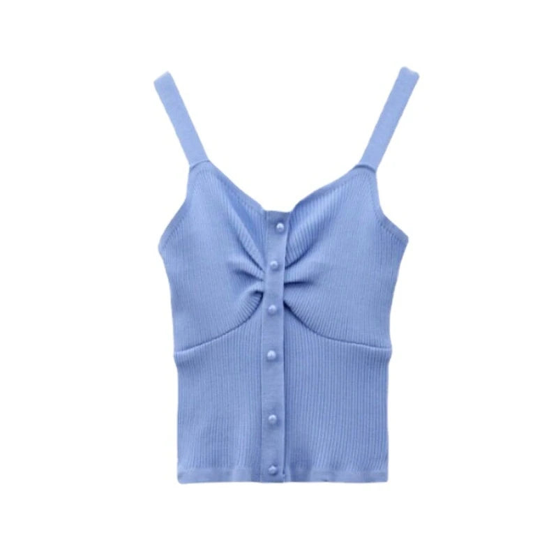 New Style Summer Crop Top Women Seamless Sexy V-Neck Wide Straps Tank Top Knitted Button Camisole Solid Corset Top Female Vest