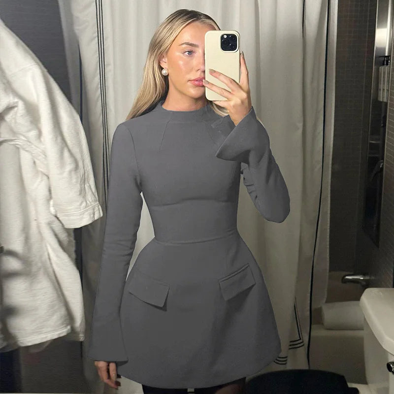 Hugcitar 2024 Frühling O-Ausschnitt Langarm Uni Patchwork Reißverschluss Sexy Bodycon Minikleid Damen Mode Outfits Geburtstagsparty Y2K