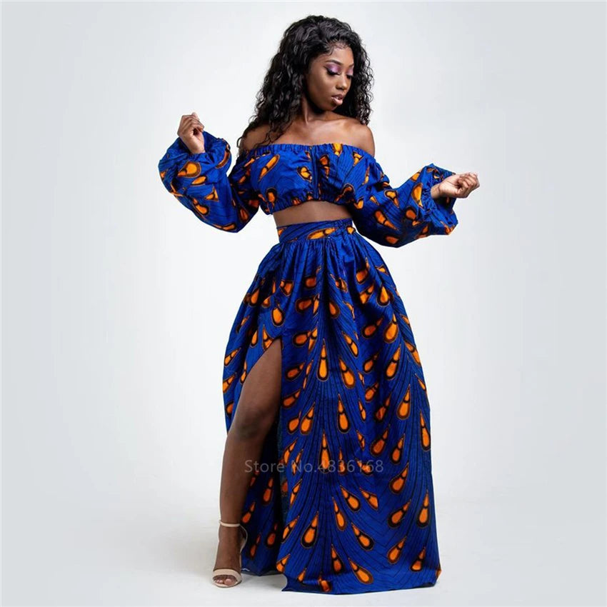 Afrikanische Kleider für Damen, Herbst, 2-teiliges Set, Damen, lange Ärmel, schulterfrei, mit Feder-Dashiki-Print, geteilte Röcke, afrikanische Kleidung