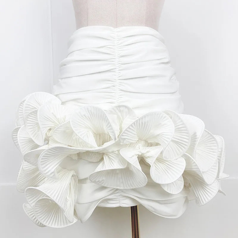 CM.YAYA 2024 Spring/Summer A-Line Women Skirt Satin Ruffles 3D Floral Decorations Night Club Party Hip-Wrapped Short Skirts
