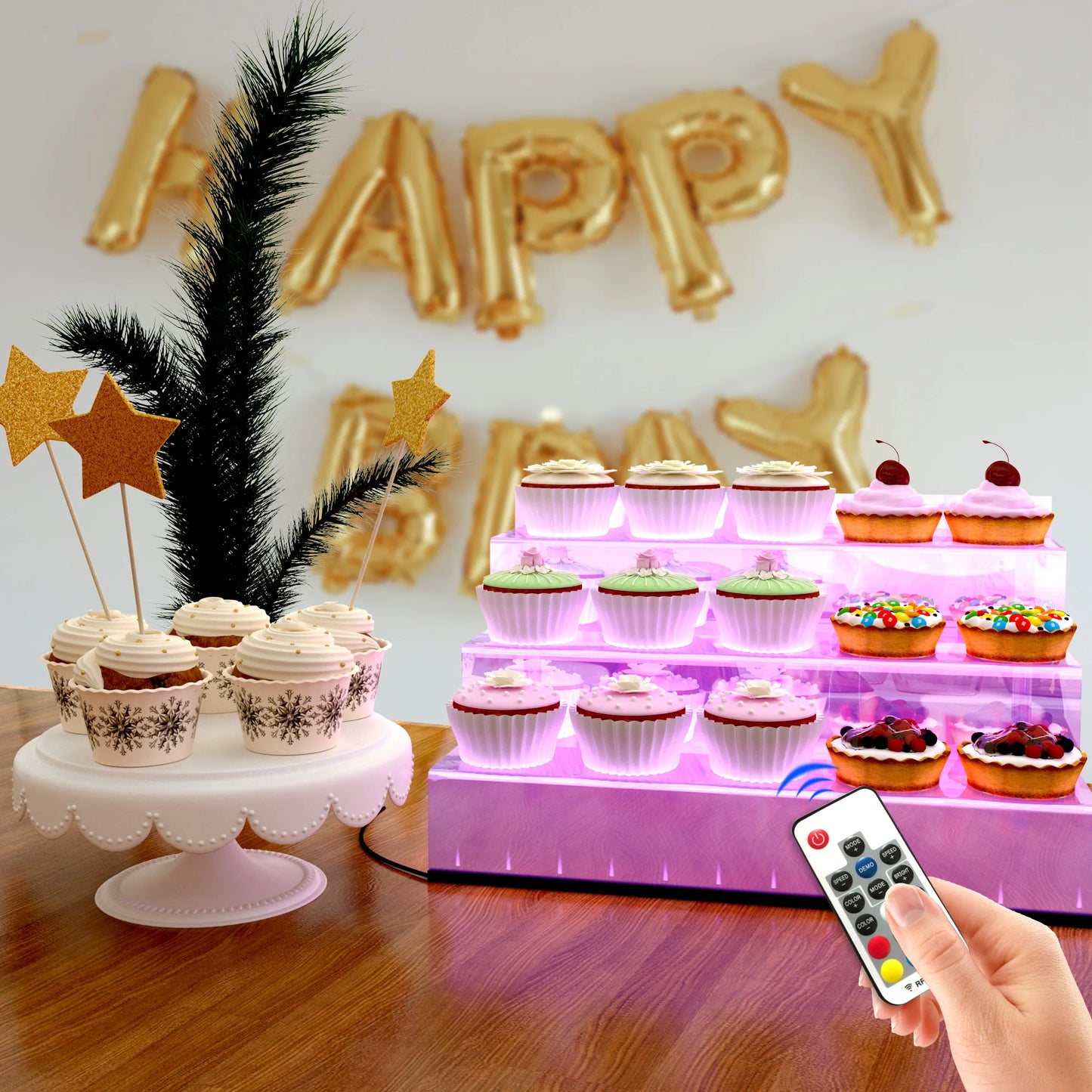 Acrylic Display Rack with LED Lights - 3 Tier Nail Polish Perfume Rack and Display Ladder Rack,,Figures Stand,Clear Cupcake Rise