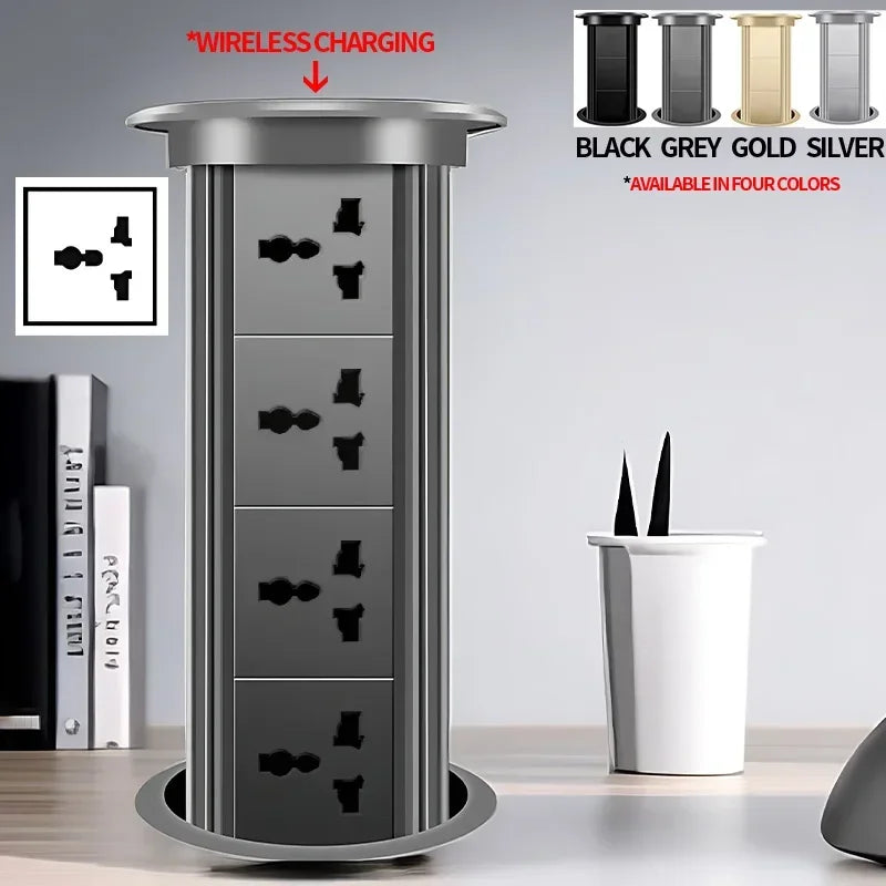 Motorized Lifting Pop Up Tower Power Outlet Hidden Mounted Kitchen Worktop USB Type C Socket with Speaker Wireless Charging