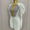 Luxury Sparkly Crystals Sexy Mesh White Velvet Short Dress 2025 Women Elegant Evening Prom Birthday Party Dresses Stage Costume