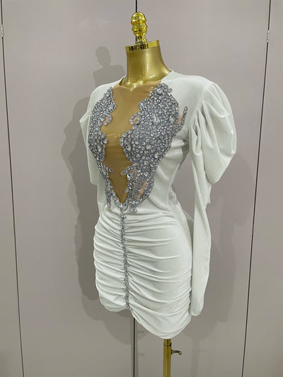Luxuriöses, funkelndes Kristall-Mesh-Kurzkleid aus weißem Samt 2025 für Damen – Elegante Abend- und Ballkleider, Geburtstagsparty-Kleider, Bühnenkostüm