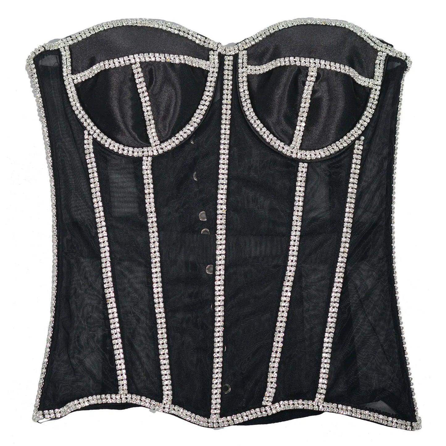 Women Abdomen Corset Crops with Bra Shiny Rhinestone Transparent Breathable Mesh Hand Made Bodices Push Up Bustiers Custom Made