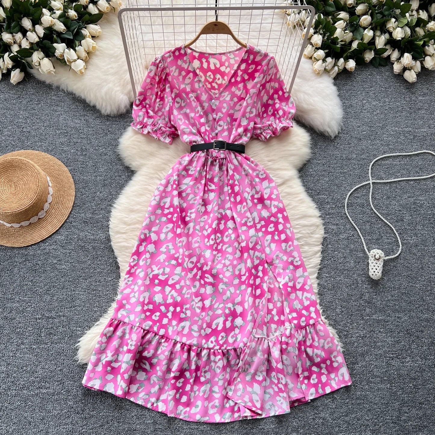 Sommer Plissiert Damen Knopfkleider Lässige Strandurlaub Kurzarm V-Ausschnitt Damen Midikleid Böhmische Mujer Vestidos