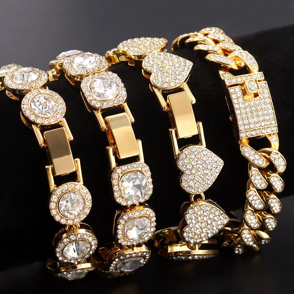 Iced Out Pink Cuban Armband für Frauen Hip Hop Gold Silber Farbe Kristall Herz Kreis Quadrat Armband 4Pcs Set Schmuck Geschenk
