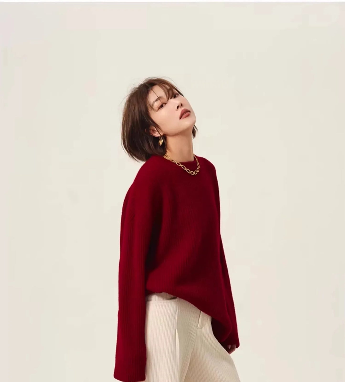 Rollkragenpullover 100% Kaschmir Pullover Damen lose verdickend Anti-Aging Nische Vintage Roter Rundhals-Pullover Damen Langarm