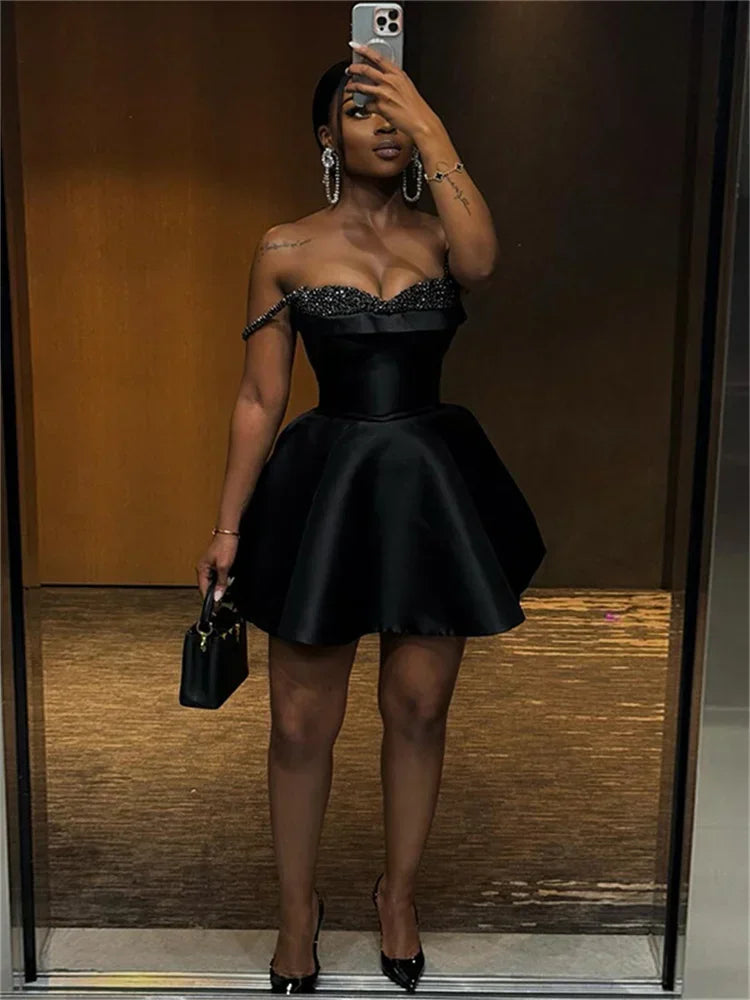 CPSYMYM  Sequins Patchwork Dress Women Shiny Shoulder Straps Sexy Backless Ruffles Hem Midnight Banquet Party Elegant Outfits