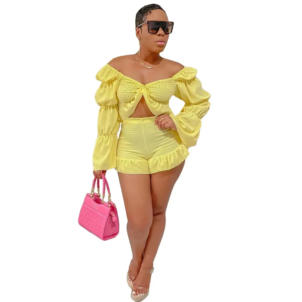 Chic Women Sweet Set Puff Sleeve Crop Tops and Shorts Outfits Solid Stretch Pleated Sexy Summer Girl 2 Two Piece Suit